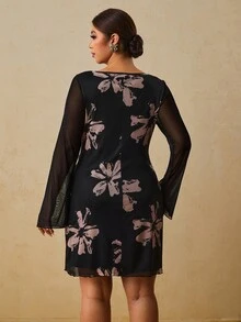 Travachic Plus Size Women's Elegant Party Floral Mesh Dress Fall - Black - View 2