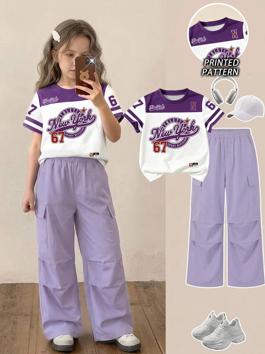 SHEIN 女童休閒街頭風兩件套,「New York」字母標語圖案T恤搭配紫色寬腿工裝褲,四季皆宜,校園運動元素時尚穿搭,休閒舒適百搭 - 彩色 - 查看 1