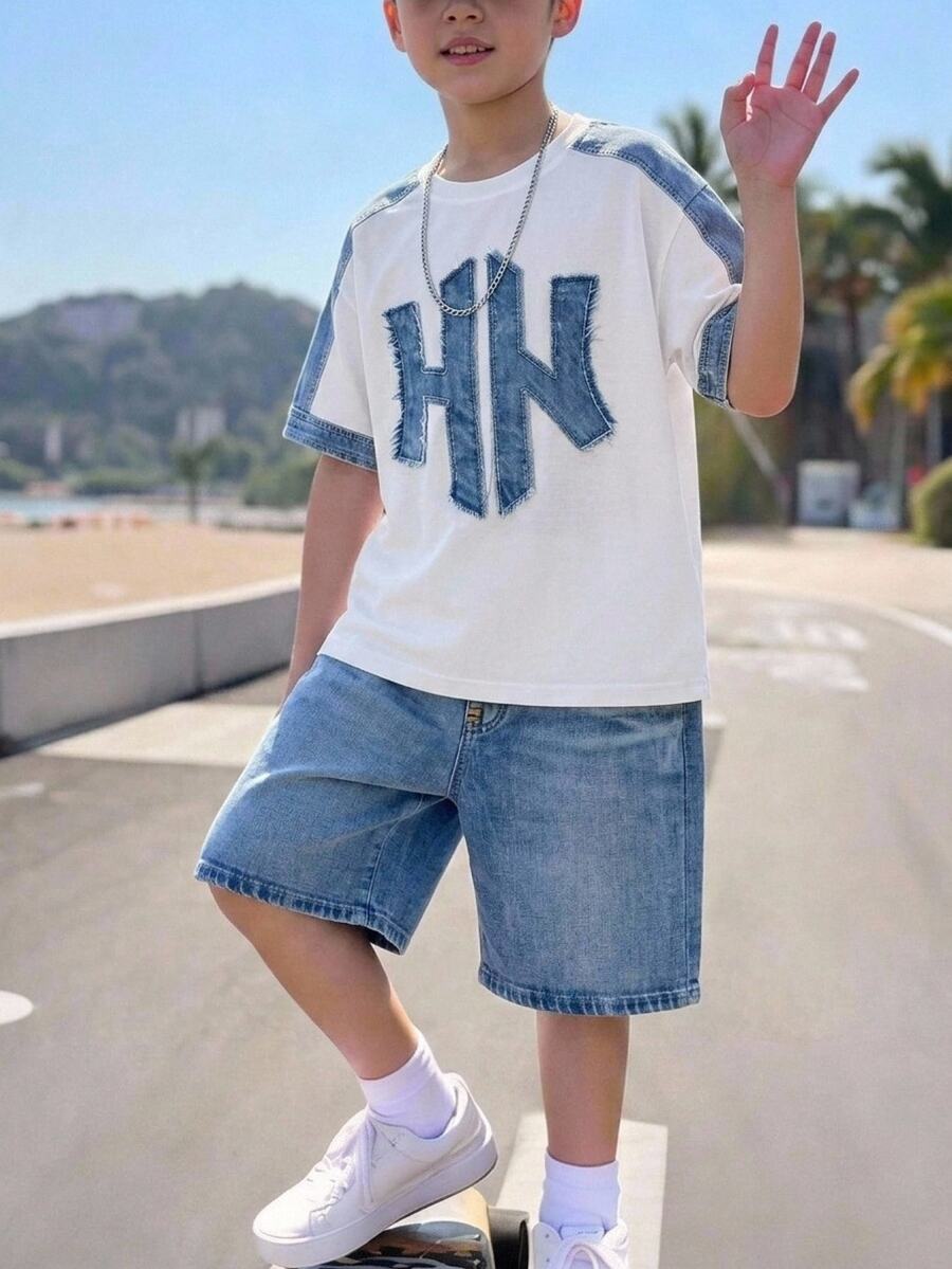 兒童青少年男孩休閒舒適時尚簡約圓領短袖T恤與短褲套裝,萬聖節秋季校園聖誕節 - 彩色 - 查看 1