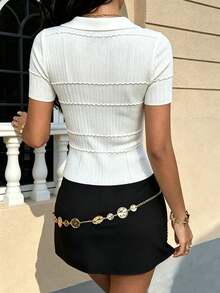 Modelyn Solid V-Collar Ribbed Knit Top - White - View 2