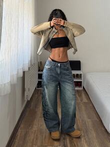 SHEIN Tall Celana Jeans Kaki Lebar dengan Motif Grafis - Dark Wash - View 5