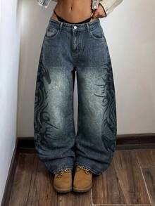 SHEIN Tall Celana Jeans Kaki Lebar dengan Motif Grafis - Dark Wash - View 6