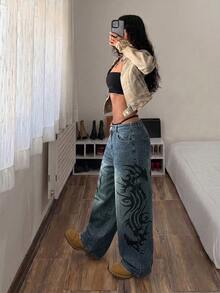 SHEIN Tall Celana Jeans Kaki Lebar dengan Motif Grafis - Dark Wash - View 2
