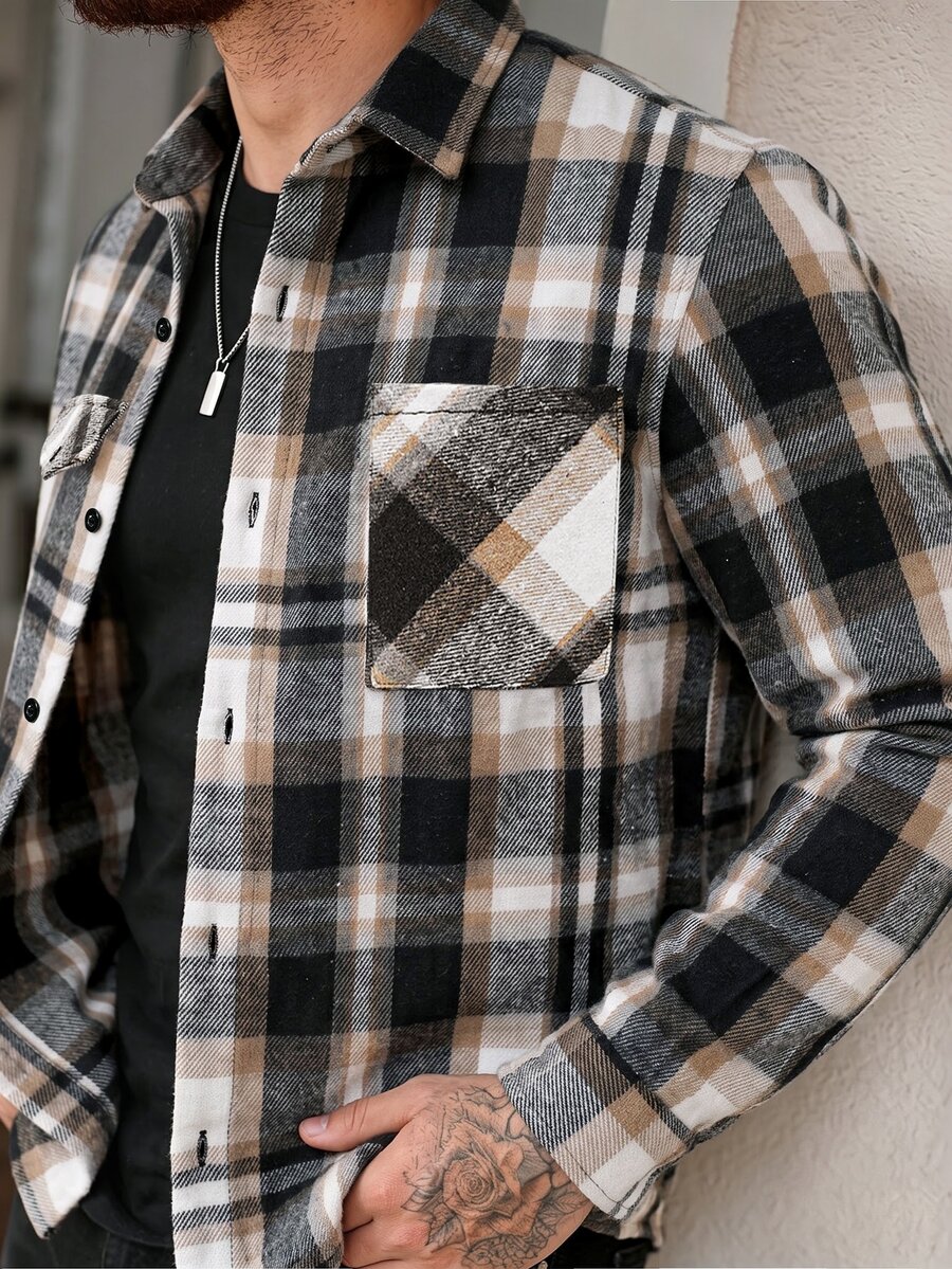 Manfinity Homme 男士厚刷毛格紋長袖襯衫外套 - 彩色 - 查看 1