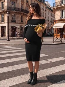 Momance Gaun Hamil Elegan Hitam Putih Berenda untuk Pemotretan Musim Gugur, Warna Polos, Tanpa Lengan, Lengan Panjang, Bergaris, Pas Badan - Hitam - View 8