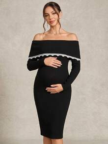 Momance Gaun Hamil Elegan Hitam Putih Berenda untuk Pemotretan Musim Gugur, Warna Polos, Tanpa Lengan, Lengan Panjang, Bergaris, Pas Badan - Hitam - View 7