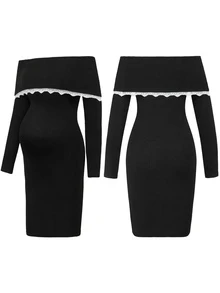 Momance Gaun Hamil Elegan Hitam Putih Berenda untuk Pemotretan Musim Gugur, Warna Polos, Tanpa Lengan, Lengan Panjang, Bergaris, Pas Badan - Hitam - View 3