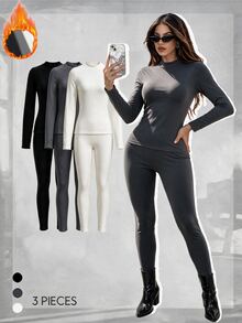 SHEIN Unity Solid Color Skinny Fit Thermal Underwear Set With Stand Collar, 6pcs Fall Cloth For Women - Multicolor - View 4