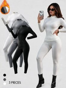 SHEIN Unity Solid Color Skinny Fit Thermal Underwear Set With Stand Collar, 6pcs Fall Cloth For Women - Multicolor - View 6