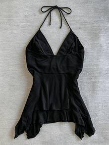 IslaSuriya Áo top nữ cổ yếm hở lưng, gấu lệch, trang trí ruy băng thêu sequin - màu đen - Xem 2