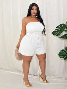 Zivah 大码女式绿色纯色修身无袖连体裤，绳结装饰纹理针织面料，休闲度假装，春夏款 - 白色 - 查看 6