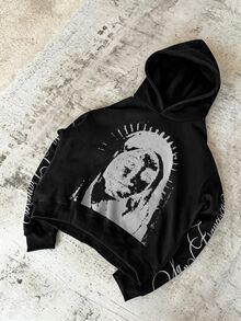 STEELVANCE 男士字母印花長袖休閒連帽衛衣 - 黑色 - 查看 1