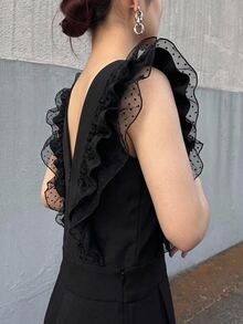 FRIFUL Jumpsuit dengan Trim Ruffle Jala Kontras Tanpa Kaos - Hitam - View 1