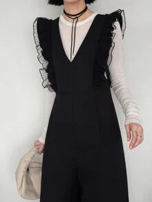 FRIFUL Jumpsuit dengan Trim Ruffle Jala Kontras Tanpa Kaos - Hitam - View 7
