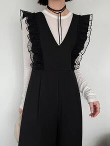 FRIFUL Jumpsuit dengan Trim Ruffle Jala Kontras Tanpa Kaos - Hitam - View 8