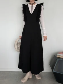 FRIFUL Jumpsuit dengan Trim Ruffle Jala Kontras Tanpa Kaos - Hitam - View 4