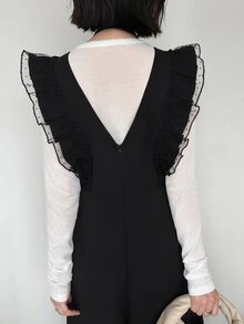 FRIFUL Jumpsuit dengan Trim Ruffle Jala Kontras Tanpa Kaos - Hitam - View 6