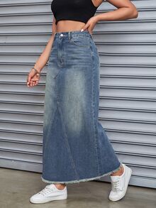 SHEIN Tall Plus Size Fashion Button Pocket Raw Hem Midi Skirt For Commute And Daily Wear - Blue - View 5