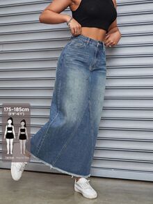 SHEIN Tall Plus Size Fashion Button Pocket Raw Hem Midi Skirt For Commute And Daily Wear - Blue - View 1