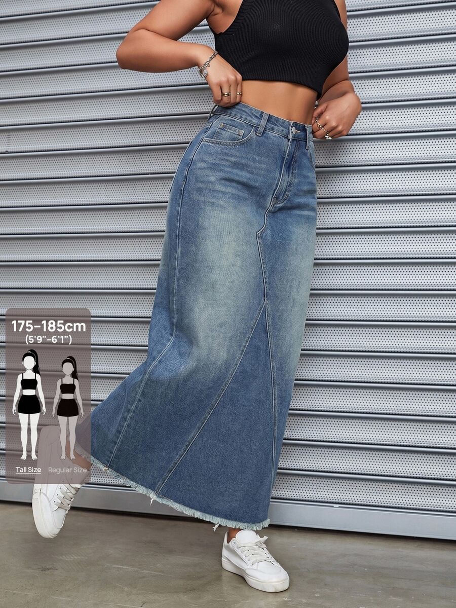 SHEIN Tall Plus Size Fashion Button Pocket Raw Hem Midi Skirt For Commute And Daily Wear - Blue - View 1