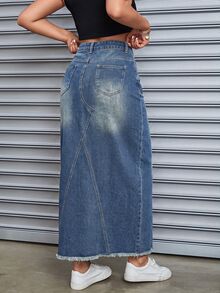 SHEIN Tall Plus Size Fashion Button Pocket Raw Hem Midi Skirt For Commute And Daily Wear - Blue - View 3