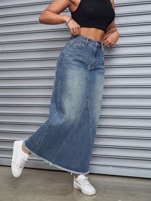 SHEIN Tall Plus Size Fashion Button Pocket Raw Hem Midi Skirt For Commute And Daily Wear - Blue - View 2