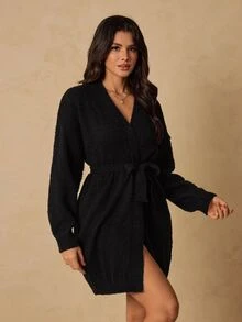 HautHeat Women's Solid Color Belted Loungewear Robe - Black - View 6