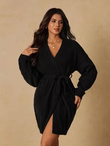 HautHeat Women's Solid Color Belted Loungewear Robe - Black - View 4