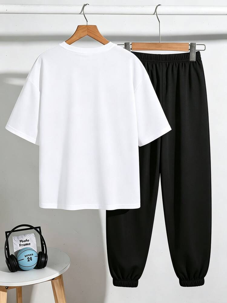 Teen Boy Casual Minimalist Short Sleeve Crew Neck T-Shirt And Pants Set Suitable For Summer - Multicolor - View 2