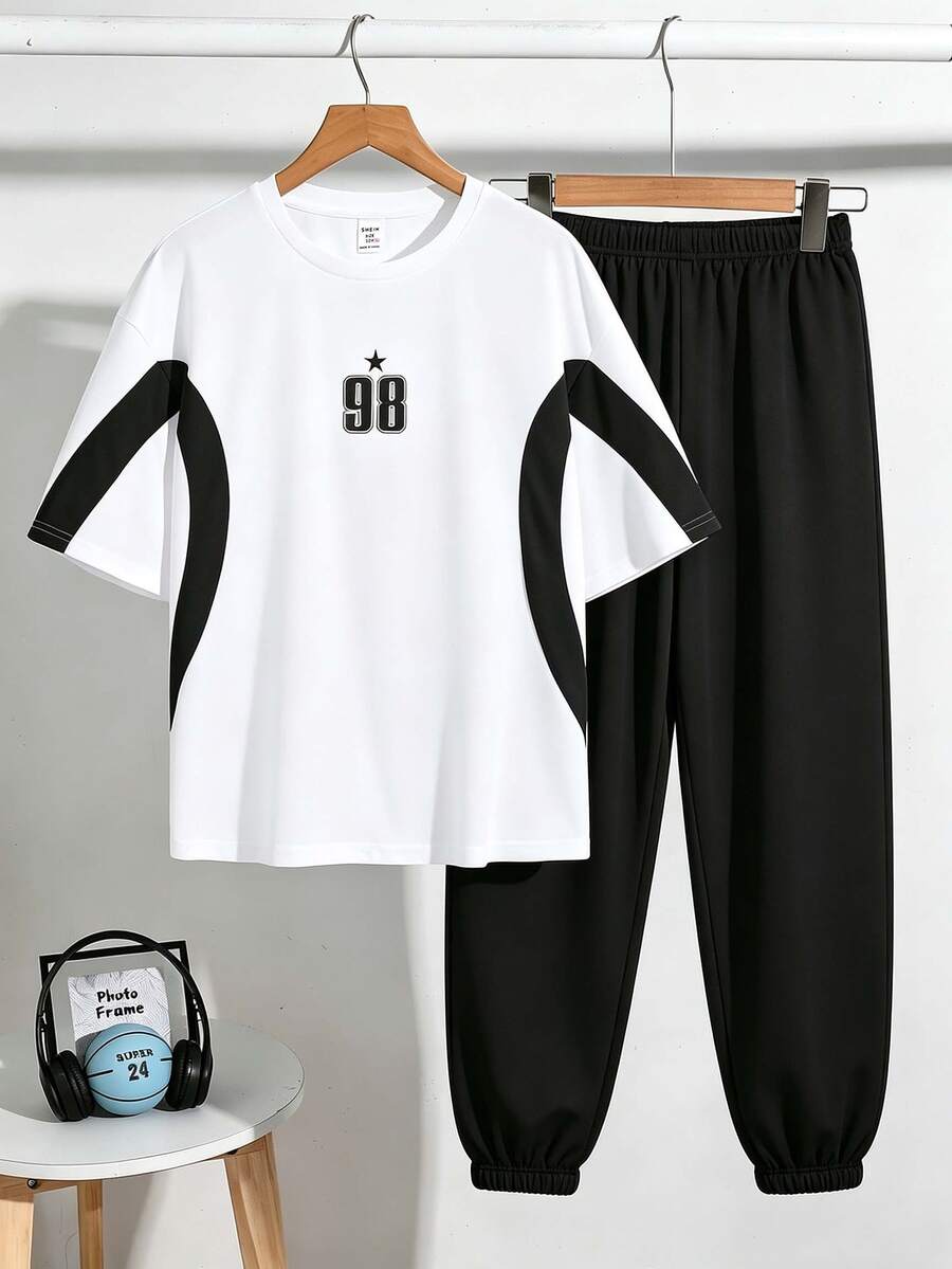 Teen Boy Casual Minimalist Short Sleeve Crew Neck T-Shirt And Pants Set Suitable For Summer