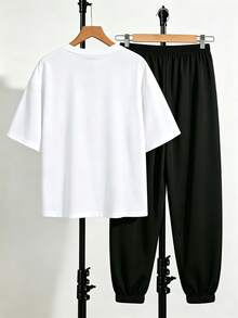 Teen Boy Casual Minimalist Short Sleeve Crew Neck T-Shirt And Pants Set Suitable For Summer - Multicolor - View 4