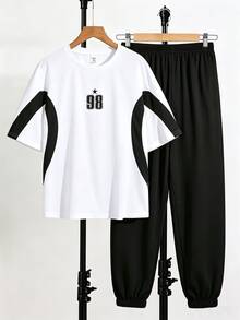 Teen Boy Casual Minimalist Short Sleeve Crew Neck T-Shirt And Pants Set Suitable For Summer - Multicolor - View 5