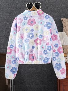 SHEIN Sparklyn 1 件女童花卉印花拉链立领毛茸茸夹克，秋冬休闲外套 - 彩色 - 查看 2