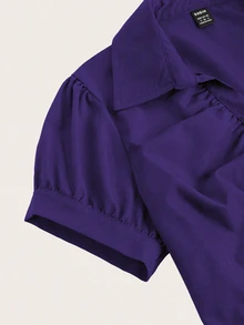 Flirla V-Neck Ruched Cut-Out Bodycon Short Sleeve Office Blouse Women Shirt - Purple - View 4