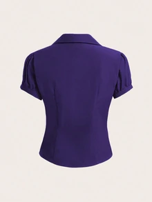 Flirla V-Neck Ruched Cut-Out Bodycon Short Sleeve Office Blouse Women Shirt - Purple - View 2