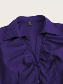 Flirla V-Neck Ruched Cut-Out Bodycon Short Sleeve Office Blouse Women Shirt - Purple - View 5