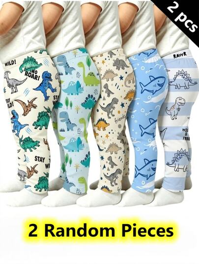 RANDOM 5 PCS SEND 2 PCS, New Cute Clothing Comfortable Minimalist Soft Casual Cartoon Print, Cartoon Boys Pants Daily Trousers, Gift With Patterns Boys Like