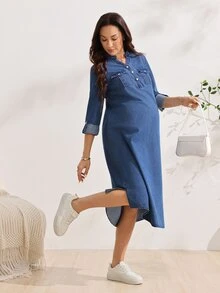 SHEIN Women's Fashion Versatile Button Half-Placket Utility Denim Dress - Dark Wash - View 3