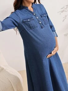 SHEIN Women's Fashion Versatile Button Half-Placket Utility Denim Dress - Dark Wash - View 6