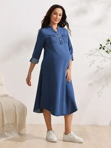 SHEIN Women's Fashion Versatile Button Half-Placket Utility Denim Dress - Dark Wash - View 4
