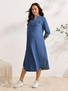 SHEIN Women's Fashion Versatile Button Half-Placket Utility Denim Dress - Dark Wash - View 9