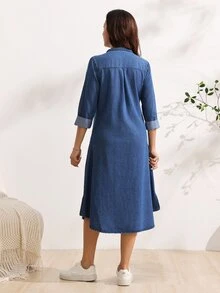 SHEIN Women's Fashion Versatile Button Half-Placket Utility Denim Dress - Dark Wash - View 2