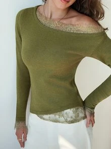 Aloruh Contrast Lace Asymmetrical Neck Sweater Brunch Olive Green Autumn Romantic Elegant - Army Green - View 9