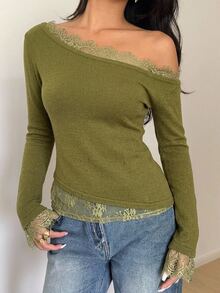 Aloruh Contrast Lace Asymmetrical Neck Sweater Brunch Olive Green Autumn Romantic Elegant - Army Green - View 2