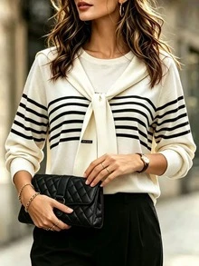 RosyDaze Women's Casual Striped Tie-Front T-Shirt, Autumn - Multicolor - View 1