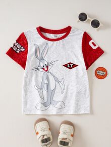 LOONEY TUNES X SHEIN Young Boy Casual Colorblock Rabbit Print Round Neck Short Sleeve T-Shirt, Summer - White - View 1