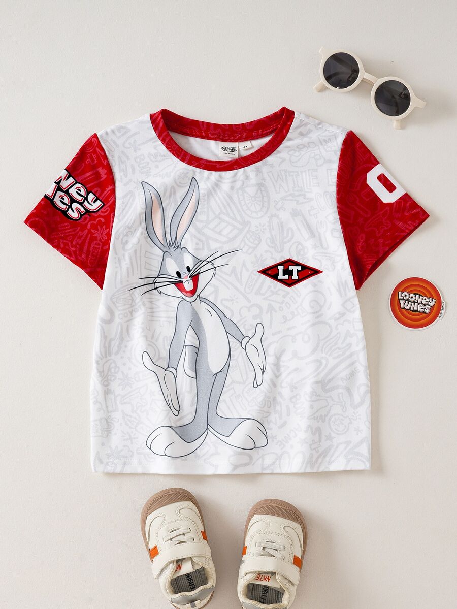 LOONEY TUNES X SHEIN Young Boy Casual Colorblock Rabbit Print Round Neck Short Sleeve T-Shirt, Summer - White - View 1