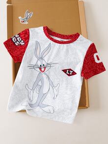 LOONEY TUNES X SHEIN Young Boy Casual Colorblock Rabbit Print Round Neck Short Sleeve T-Shirt, Summer - White - View 3