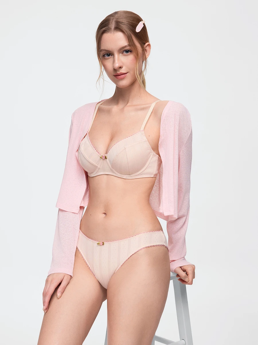 Bonmuse 1 Set Women's Solid Color Floral Underwire Comfortable Bra Set - Apricot - View 1