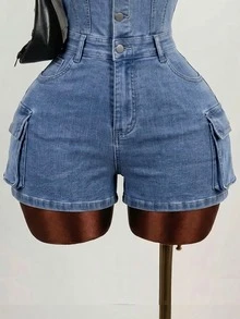 Mistrie 女款時尚百搭休閒街頭風鈕扣短袖丹寧工裝連身褲 外出度假水藍色夏季 - 藍色 - 查看 5